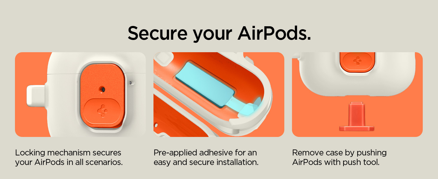 Der Text lautet "Sichere deine AirPods". Eine Reihe orangefarbener und weißer Abbildungen zeigt, wie AirPods mithilfe eines Verriegelungsmechanismus an einem Gerät befestigt und gesichert werden.