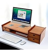 Cbhfmljd Bamboo Monitor Stand Riser with 3 Storage Drawer 2 Tier Desk Organizer Stand, Computer L...