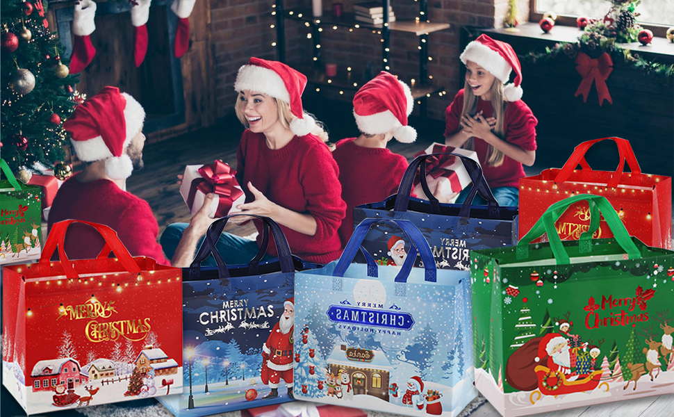 a group of people in santa hats holding christmas gifts