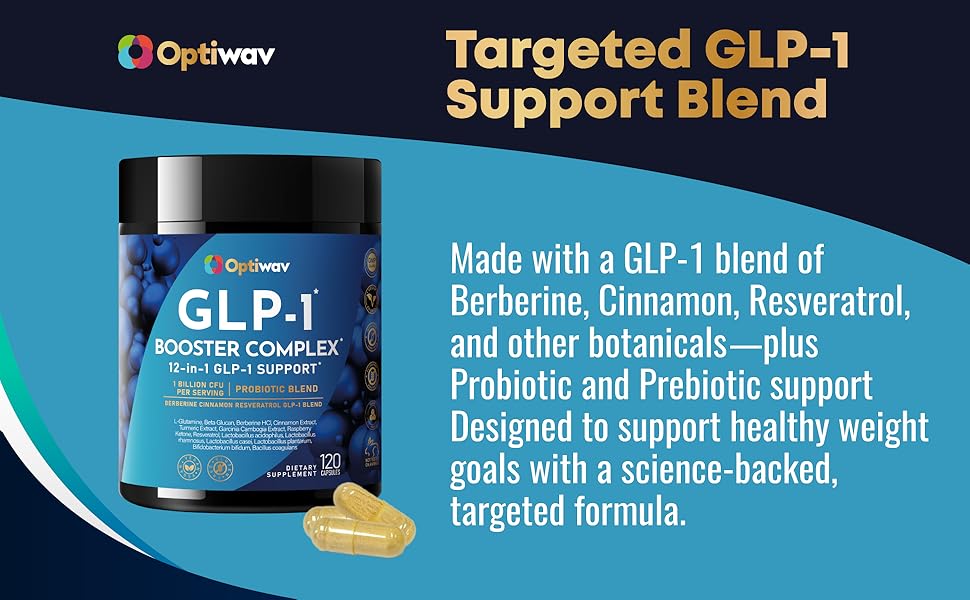 OptiWav GLP-1 Booster Complex supplement bottle with berberine, cinnamon, resveratrol blend