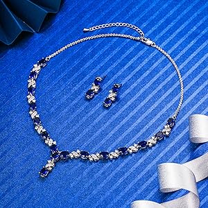 Sapphire Cubic Zirconia Oval Shape Leaf Necklace Earrings Set for Brides and Weddings