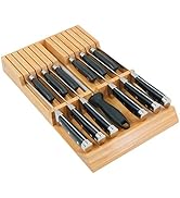 Wooden in-drawer knife organizer with multiple slots holding various kitchen knives with black handles. The organizer features angled slots for easy access and visibility.
