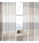 Vision Home Grey and Tan Stripe Window Curtains Panels Color Block Farmhouse Sheer Curtains 84 in...