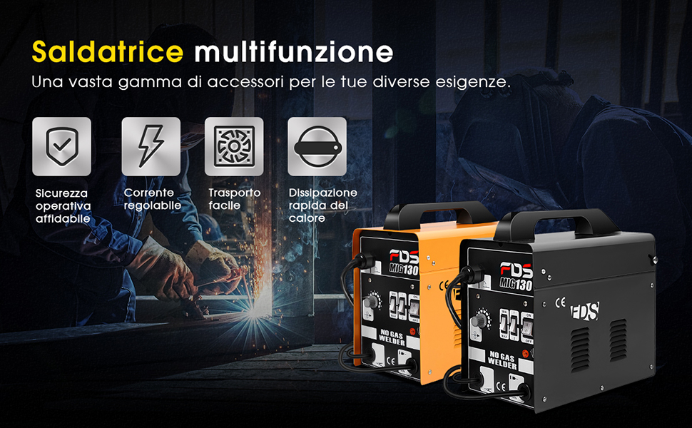 RELAX4LIFE Saldatrice MIG 130, Attrezzatura Per Saldatura Certificata Con Maschera, Alto Livello D’Isolamento H, Dispositivo Di Ventilazione Per Dissipare Calore, AC Regolabile In 4 Posizioni (Giallo) 12 1