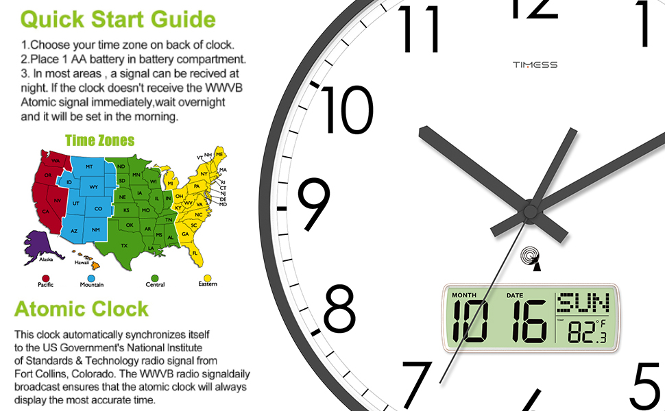 TIMESS Atomic Analog Wall Clock, WWVB SelfSetting Battery