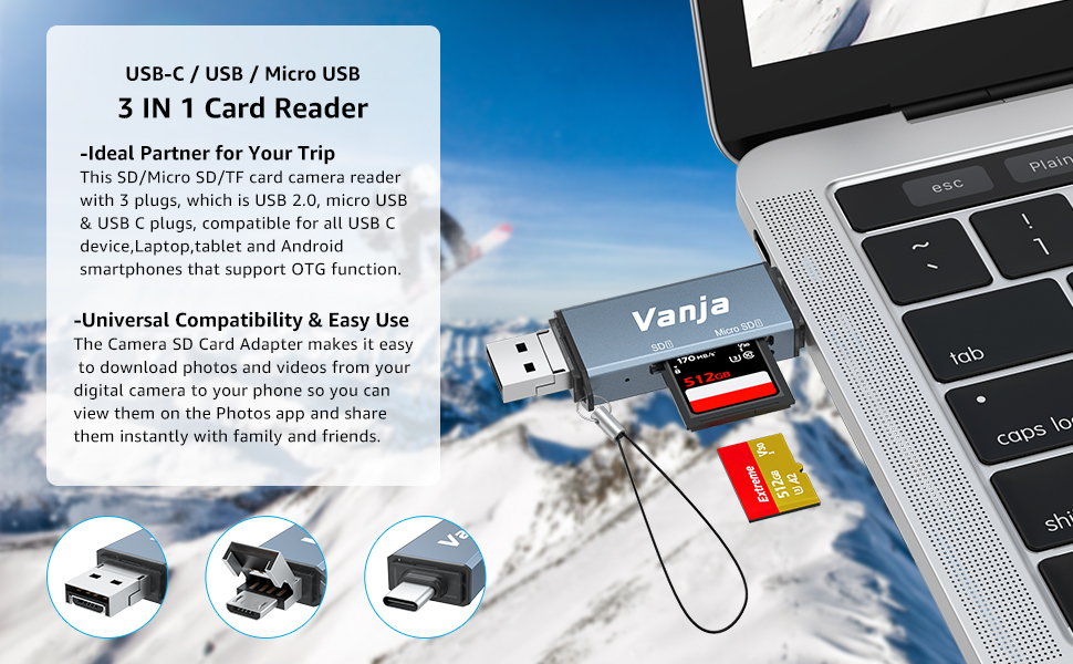 Vanja 3 in 1 Micro SD Card Reader, USBC USBA Micro USB
