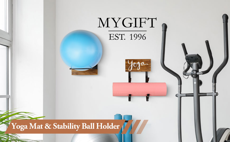 MyGift Yoga Mat and Stability Ball Holder Rustic Burnt