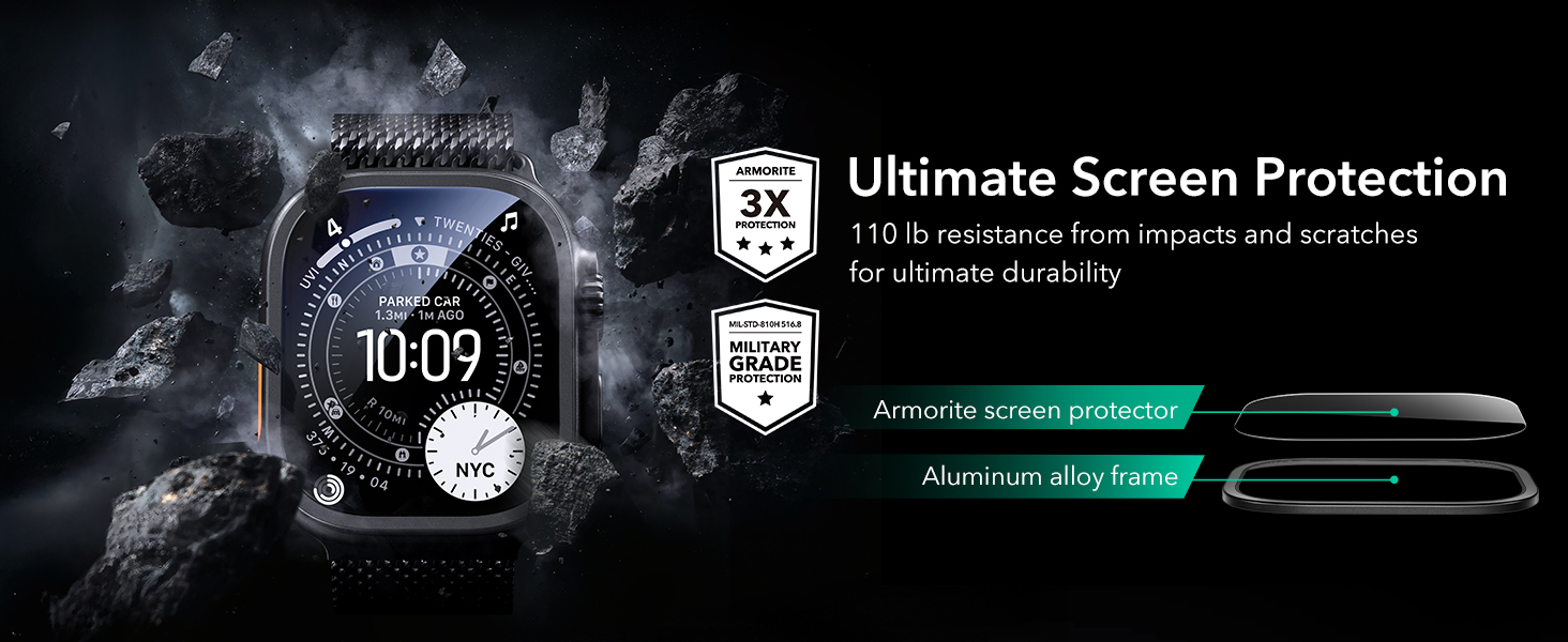 ESR Armorite Screen Protector for Apple Watch Ultra 3 2025 /Ultra 2 /Ultra (49 mm), Military Grade Protection, Tempered Glass Film with Aluminum Alloy Frame, Anti-Scratch, 2 Pack, Black 4 1