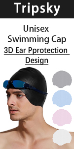 Tripsky Silicone Swim Cap with 3D Ear Protection for Long Hair , Swimming Cap for Women Men Teenager