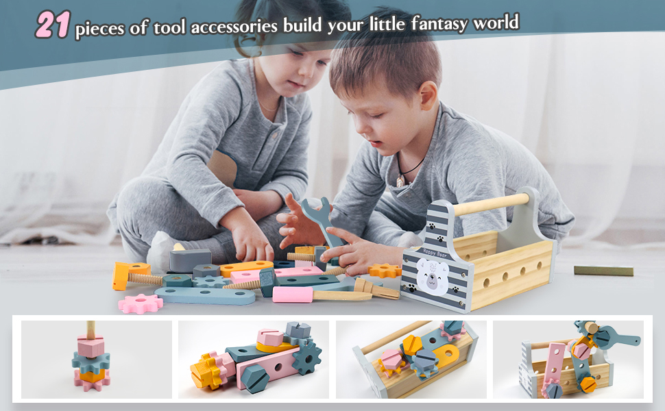 Wooden Construction Montessori Toys for 2 3 4 Year Old, Kids Tool Set Toddler Work Bench