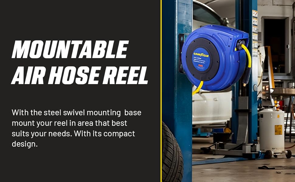 Text reads: 'MOUNTABLE AIR HOSE REEL' 'With the steel swivel mounting base mount your reel in area that best suits your needs. With its compact design.' Blue industrial air hose reel mounted on wall in automotive workshop setting.