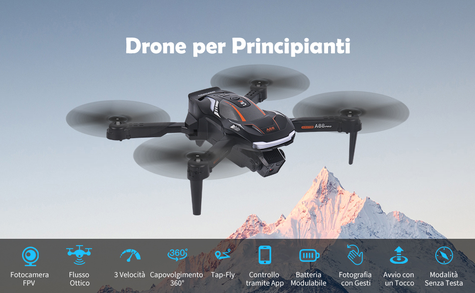 Drone quadricottero con quattro rotori e telecamera, che sorvola il paesaggio montano. Le caratteristiche includono 3 modalità di velocità, ribaltamenti a 360°, controllo tramite app e design pieghevole. Il testo indica che è