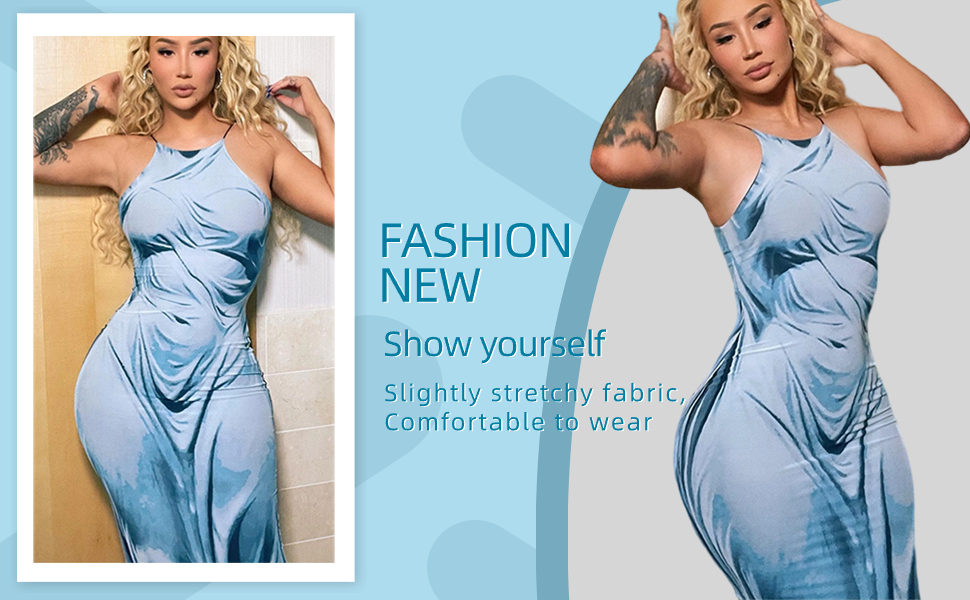 4UFIT Women Printed Spaghetti Strap Maxi Dress Sexy Bodycon Long Dress Backless Elegant Dresses