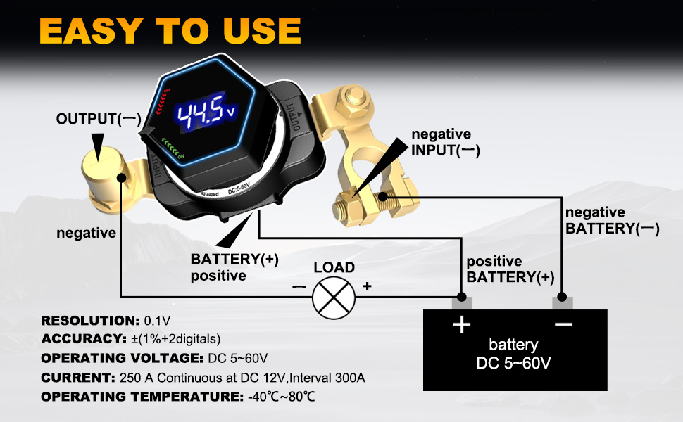 Digital voltage meter with octagonal display showing 44.5v. Diagram illustrates connection to battery, load, and inputs. Specifications list resolution, accuracy, voltage range, and operating temperature.