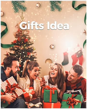 Holiday scene with Christmas tree, presents wrapped in red and green paper, and decorative pine branches on peachy background with 'Gifts Idea' text.