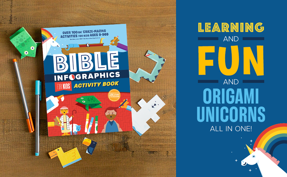 Bible Infographics for Kids Activity Book has activities for learning and fun and origami unicorns