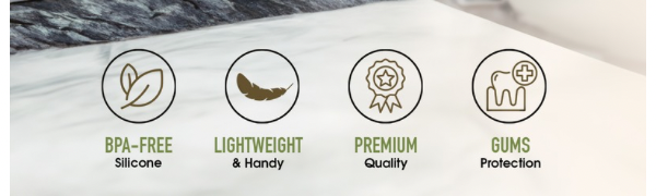 BPA-Free, Lightweight, Premium Quality, Gums Protection icons