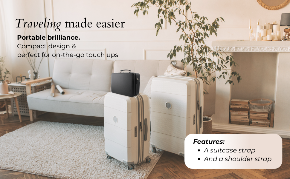 sahajiya's cosmetic travel bag has a suitcase strap for portability to help you stay glam on the go