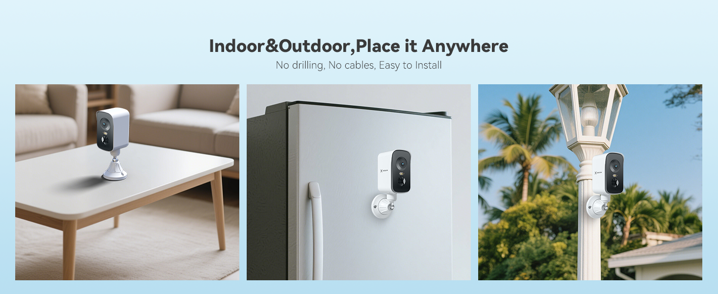 Wireless security camera shown in three settings: on a coffee table, mounted to a refrigerator, and attached to an outdoor light fixture. Camera is small, white, and cylindrical.