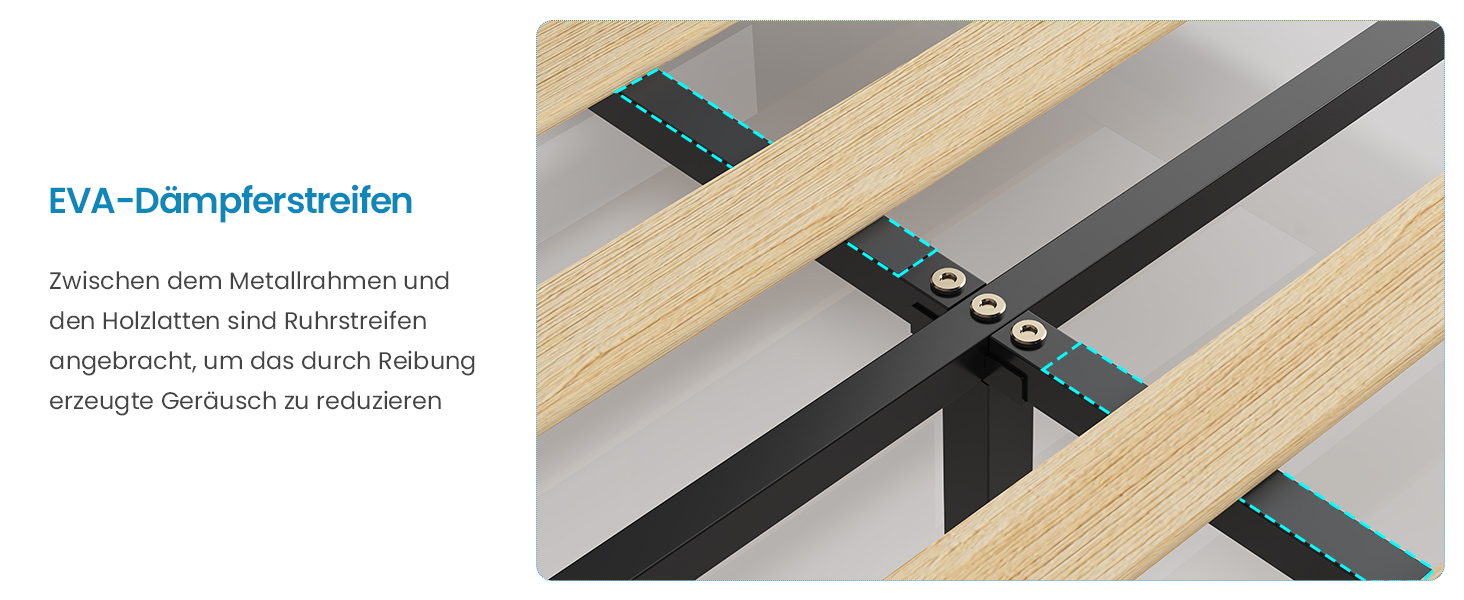 Nahaufnahme von Lattenrosten mit EVA-Dämpfungsstreifen. Holzlatten sind mit schwarzen Verbindern an einem Metallrahmen befestigt. Zwischen Metall und Holz sind grüne Dämpfungsstreifen sichtbar