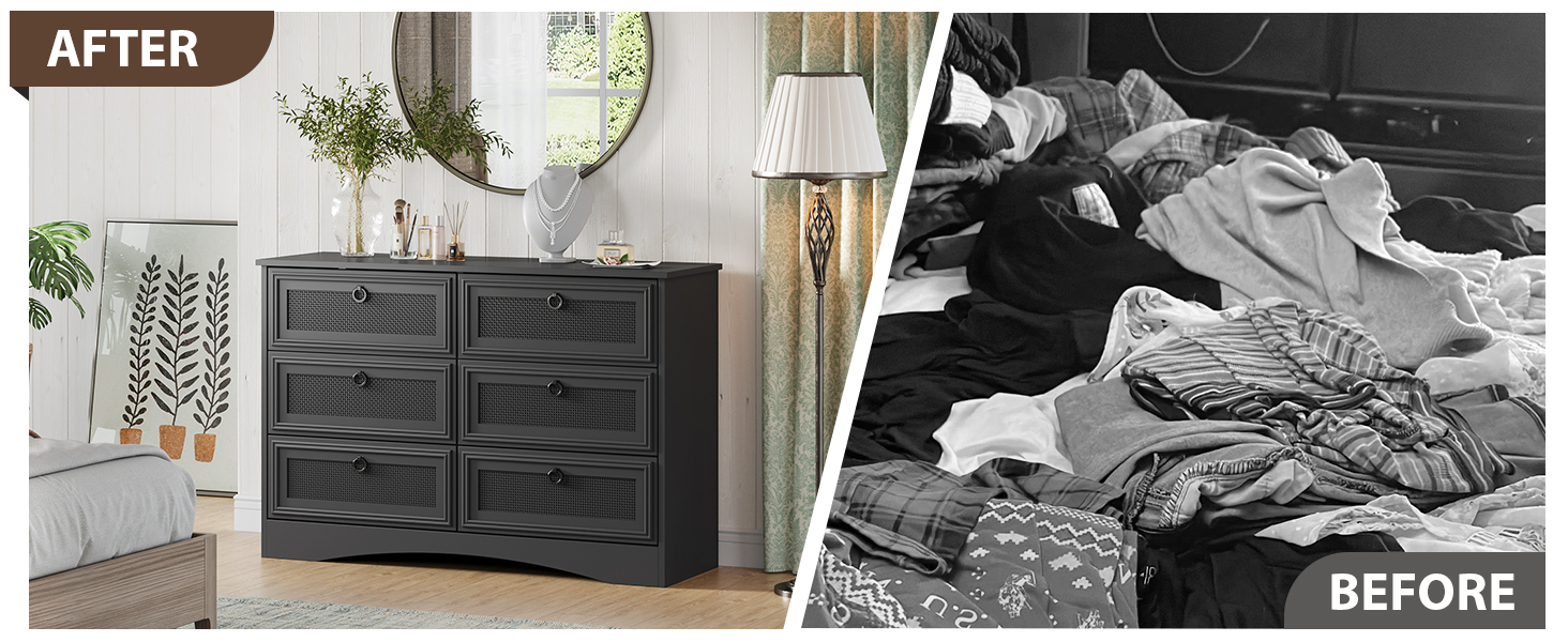 HolliWill 6 Drawer Dresser for Bedroom, Black Rattan