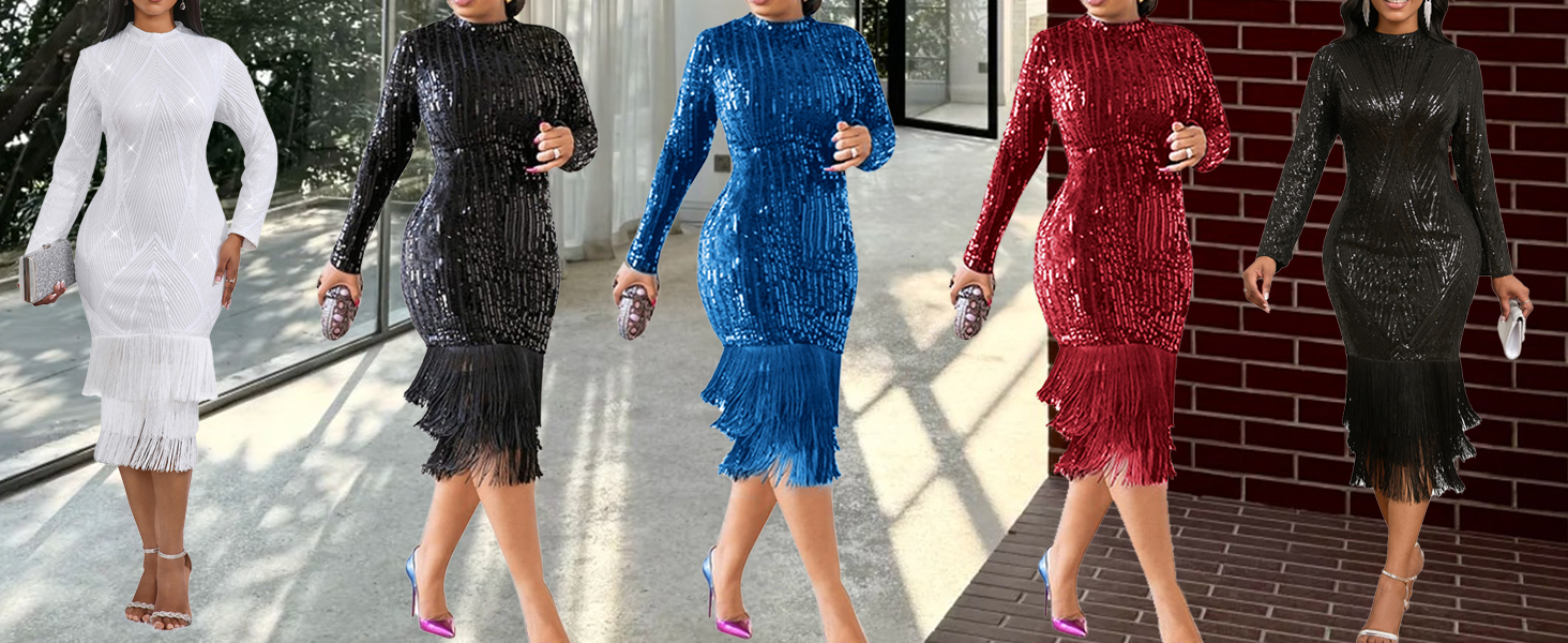 Cololura Sexy Elegant Women Sequin Long Sleeve Tassel Midi Evening Gown Formal Dress