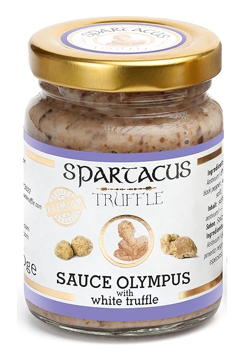 de la marca Spartacus 'Sauce Olympus' en tarro de cristal con tapa dorada. La etiqueta incluye ilustraciones de trufas