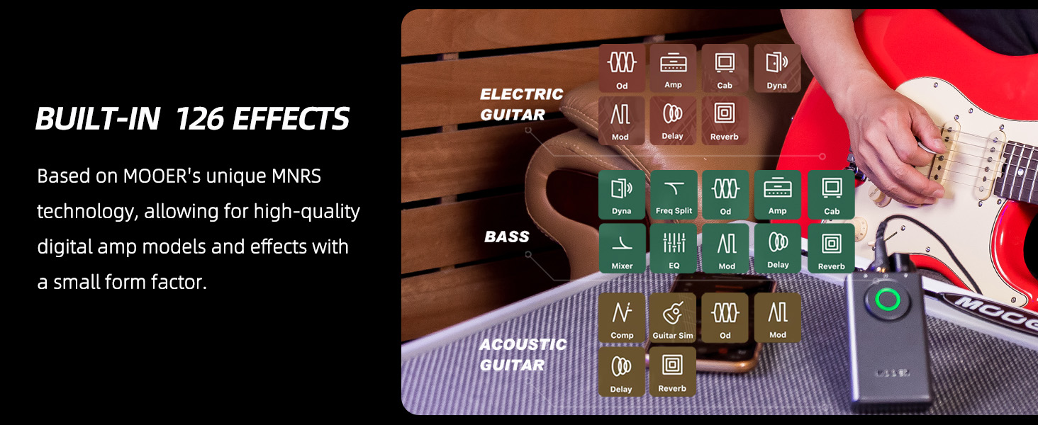 Graphic showing 126 effects available for electric guitar, acoustic guitar, and bass, with icons for Metronomes, Drum Machine, and Looper.