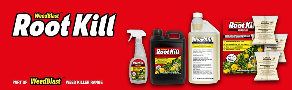 Root Kill weed control product line display showing various formulations including spray bottle and granular options against red background.