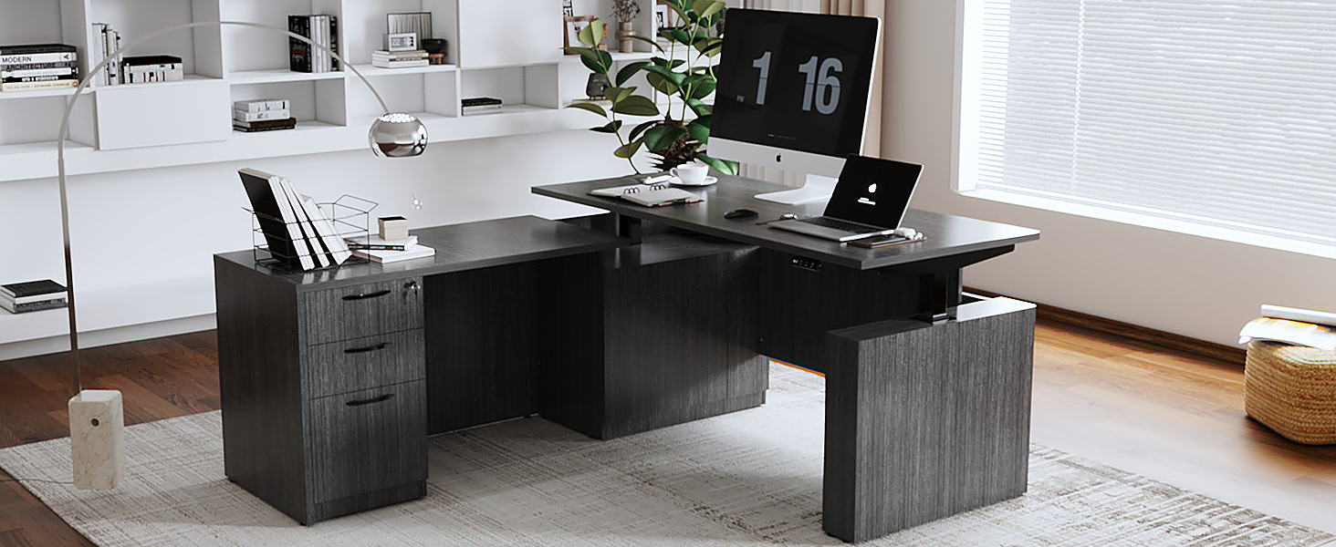 L-Shaped Executive Desk with Drawers and Shelves