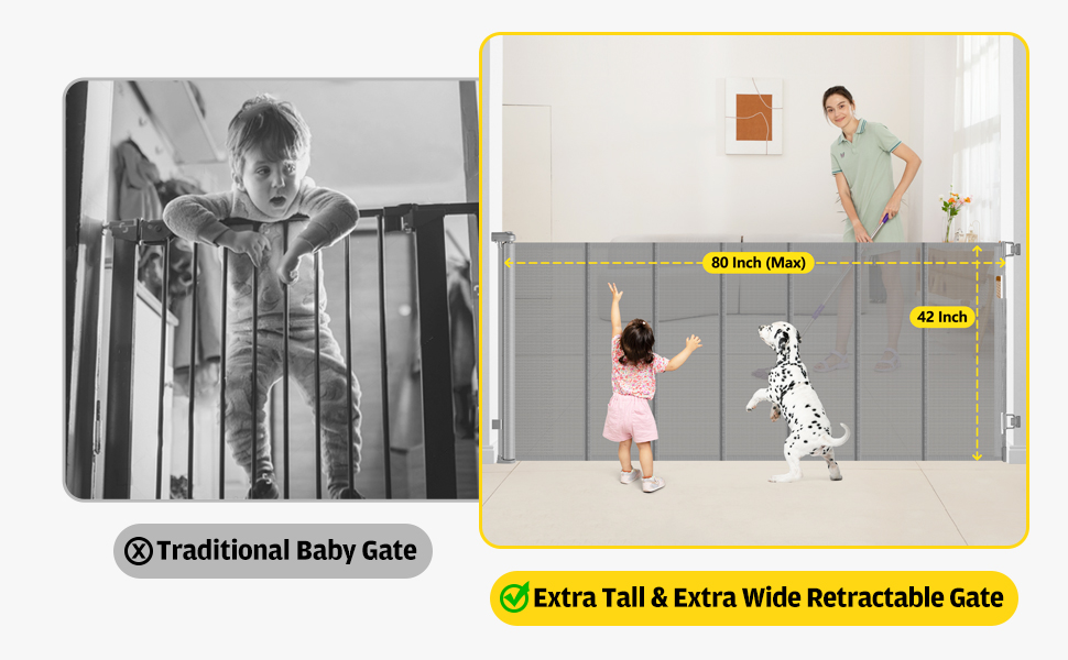 Reinforced 42” Extra Tall x 80” Wide Retractable Baby Gates