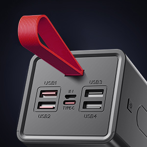 Vue rapprochée de l'interface d'un appareil montrant plusieurs ports USB et options de connexion sur fond sombre.