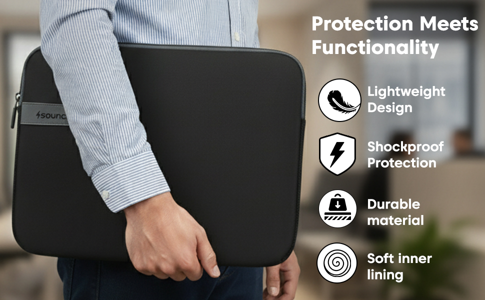 Sounce Protective Laptop Bag Sleeve fits Upto 15.6" Wrinkle Free, Padded, Water Resistant Light Neoprene case Cover Pouch, Compatible for All Notebooks Such as Mac Book Pro (15.6 inch) 16 Protection Meets Functionality