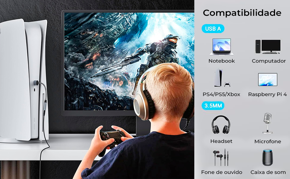 Placa de som USB para 3.5mm P3 PS4 PS5 Xbox Computador Notebook