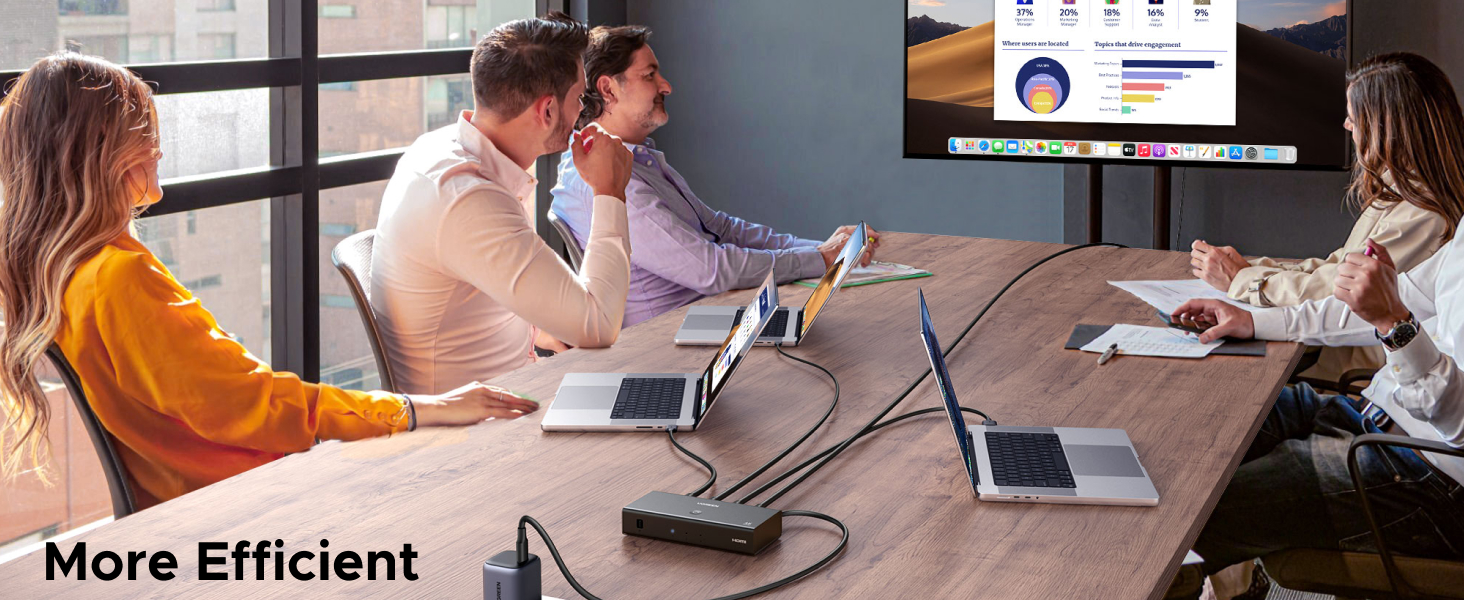 Modern office meeting room with people at conference table, laptops, and presentation screen visible in background.
