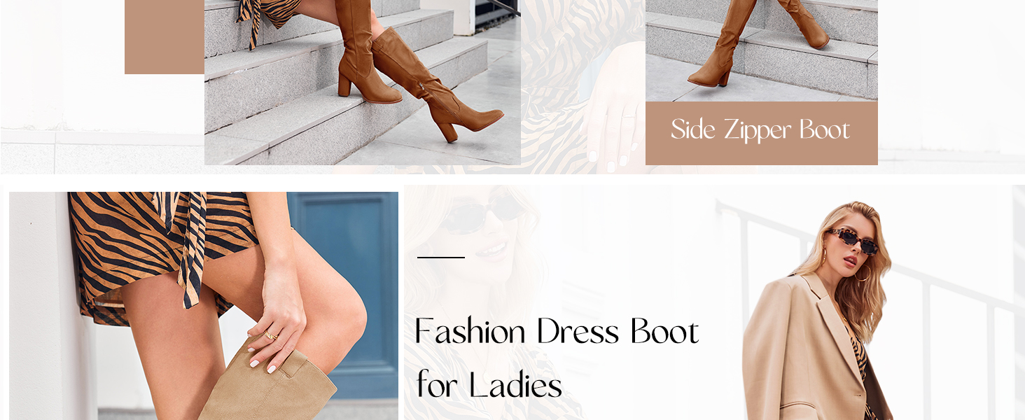 Juliet Holy Women's Knee High Boots Chunky Block Heel Wide Calf Round Toe Side Zipper Dress Boot