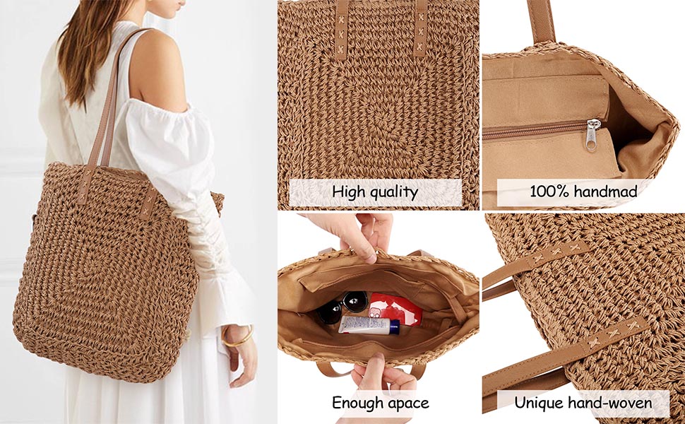 Women Straw Tote Bag Summer Beach Shoulder Handbag Rattan Woven Handmade Bag