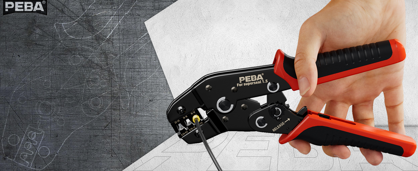 PEBA brand crimping tool with black metal head and red ergonomic handles shown in use against a gray background.