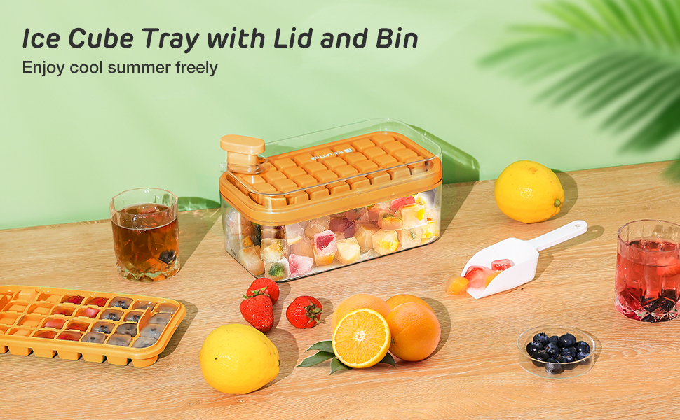 Ice Cube Tray with Lid and Bin, 64 PCs Ice Cubes Molds with