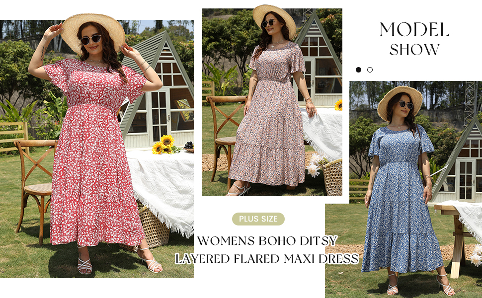 Nemidor Womens Plus Size Bohemian Ditsy Floral Print Casual Layered Flared Summer Maxi Dress