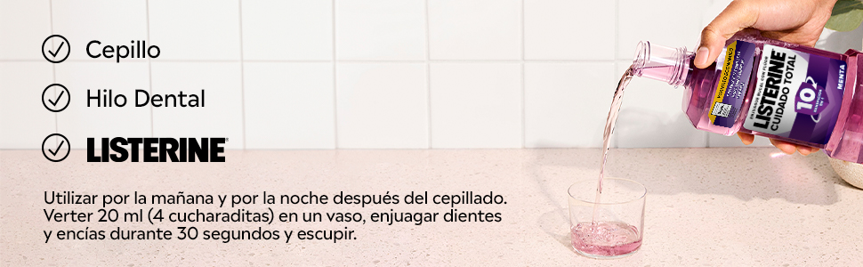 El texto muestra «Listerine», «Hilo Dental» y «Cerallio». La imagen muestra productos para el cuidado dental, incluidos lo que parecen ser envases de hilo dental.