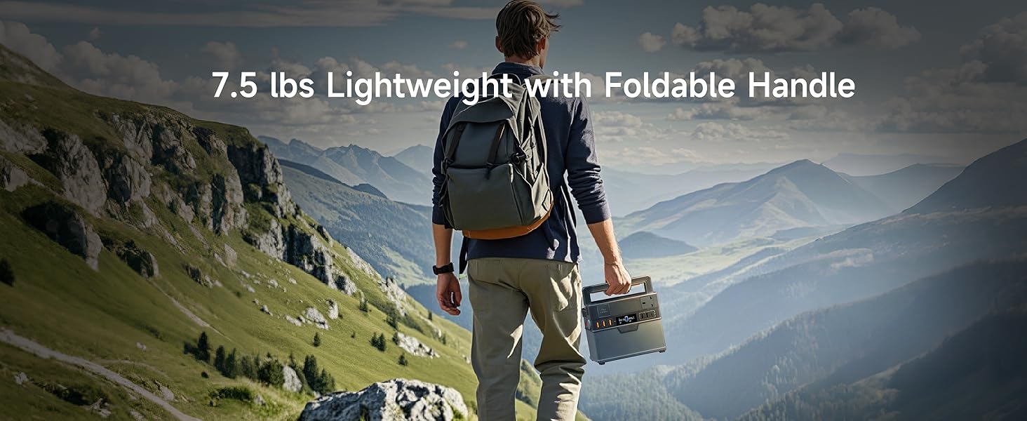 Outdoor mountain hiking scene with text overlay reading '7.5 lbs Lightweight with Foldable Handle'.
