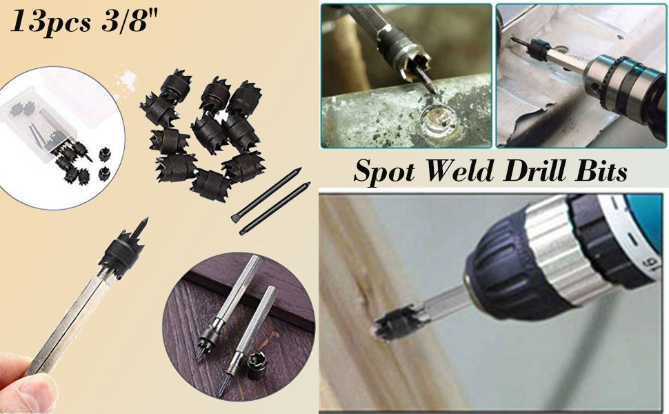 13PCS Spot Weld Cutter Set, 3/8'' HSS Double Rotary Spot Weld Cutter with Spot Weld Drill Hex