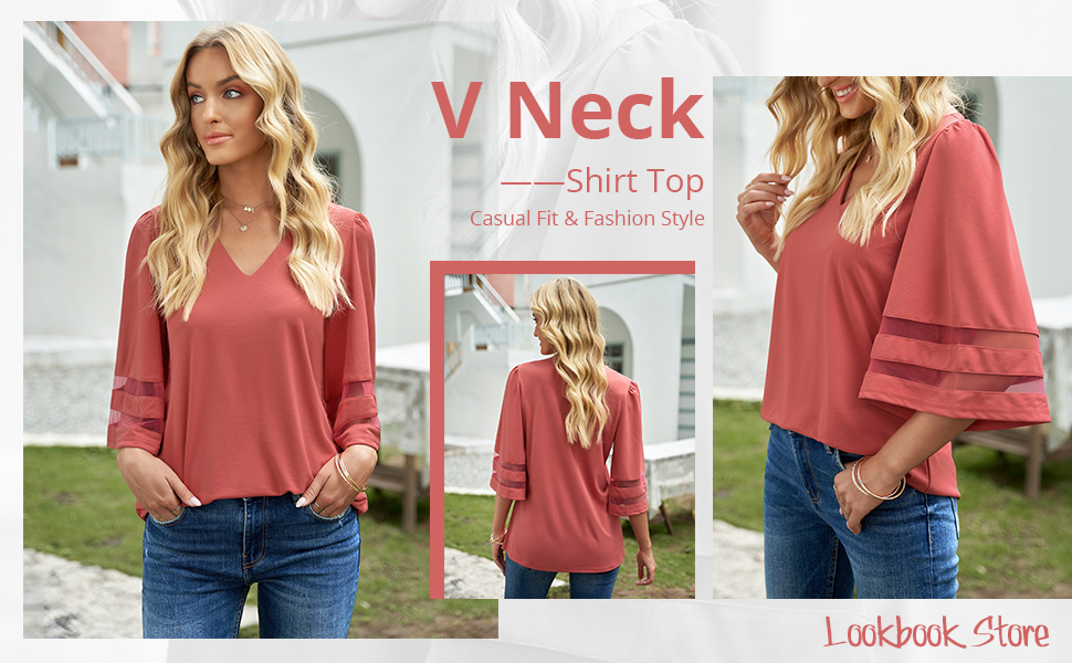 Lookbook Store Women's Casual V Neck Shirt Top 3/4 Bell Sleeve Mesh Panel Blouse