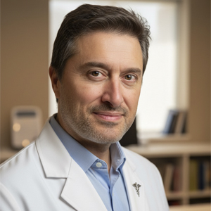 Secuencia de fotos que muestran a una persona con atuendo profesional examinando lo que parece ser un documento o gráfico médico o científico.