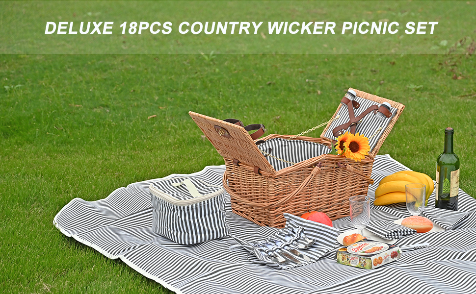 18PCS Wicker Picnic Basket for 2 with Cooler Hamper/Picnic Blanket