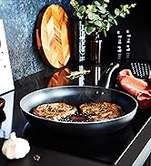 Series of cooking images showing preparation of food in a dark-colored non-stick pan, demonstrating cooking process and finished dishes.