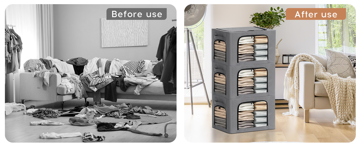 3Pack Clothes Storage Bins with Metal Frame, Foldable 40L