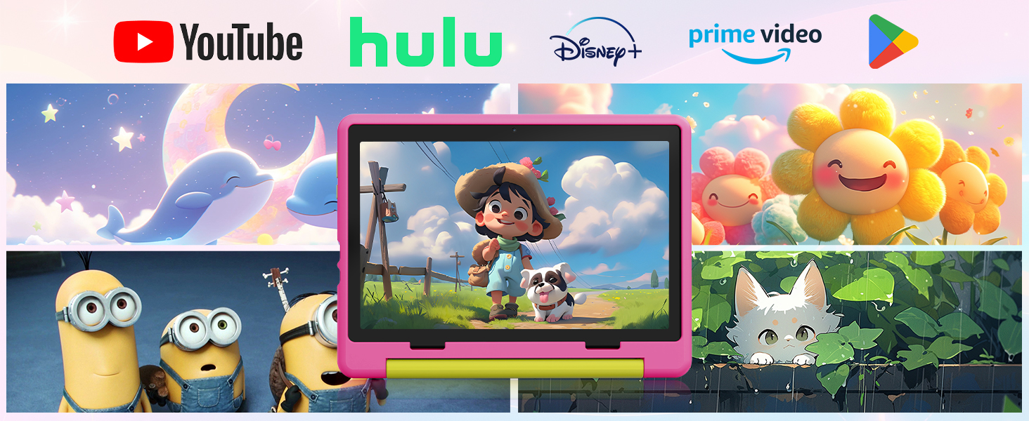 Digital streaming service interface showing multiple platform logos and content thumbnails, featuring animated characters and movie scenes on a pink tablet device.