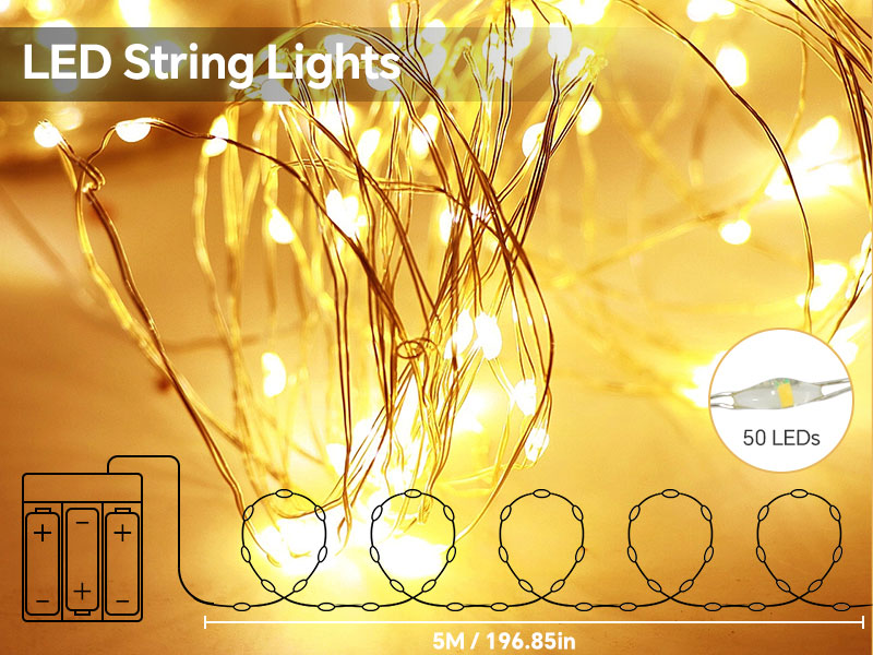 2 Pack 50 LEDs Fairy String Lights Battery Operated, 5M/16.4ft Silver